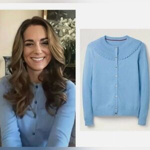 Boden Abercorn Scallop Cardigan Sweater Frost Blue, Cotton Wool Knit US 8 UK 12